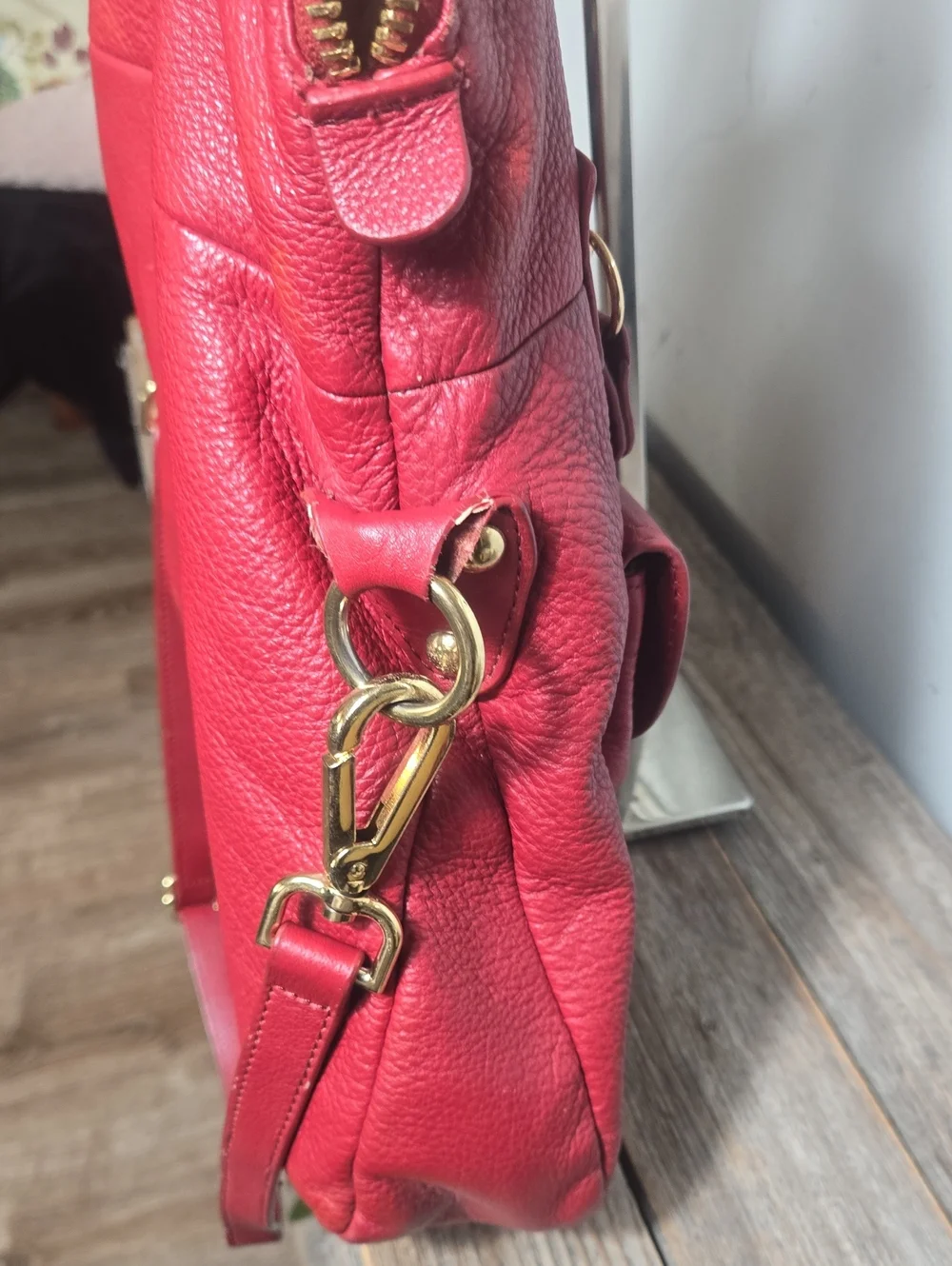 Emma Fox Red Leather Satchel Convertible Handbag with Gold Hardware